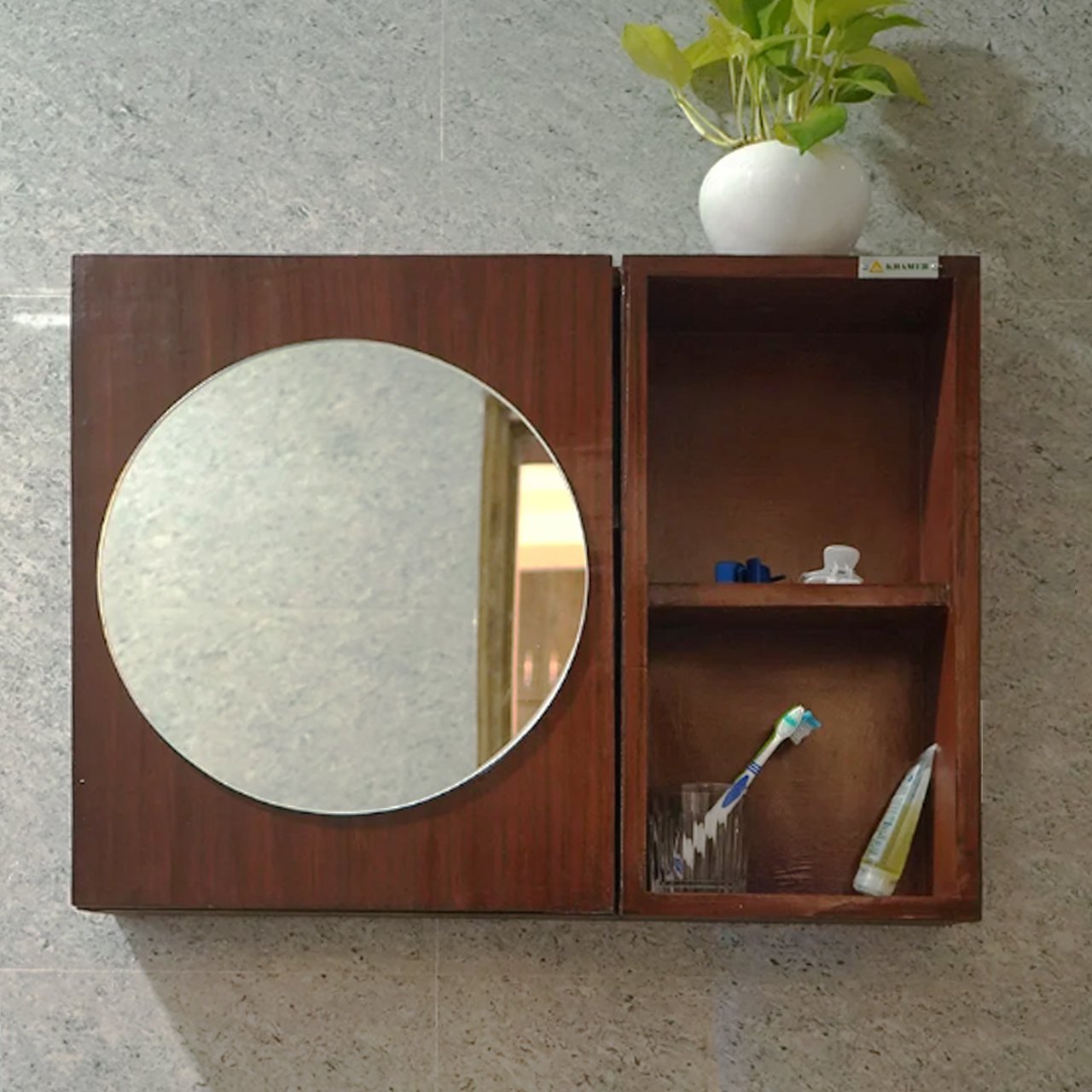 WOODEN MIRROR CABINET WITH OPEN SHELVES